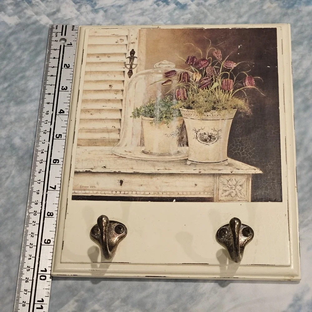 Vintage Floral Wall Plaque Key Holder 2 Hooks Cottage Farmhouse Decor